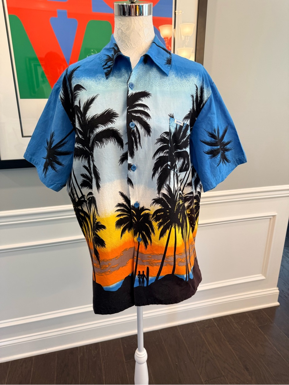 Vtg Dorsett Tee's Bahamas Palm Tree Sunset Hawaiian Button Up Shirt Cotton L